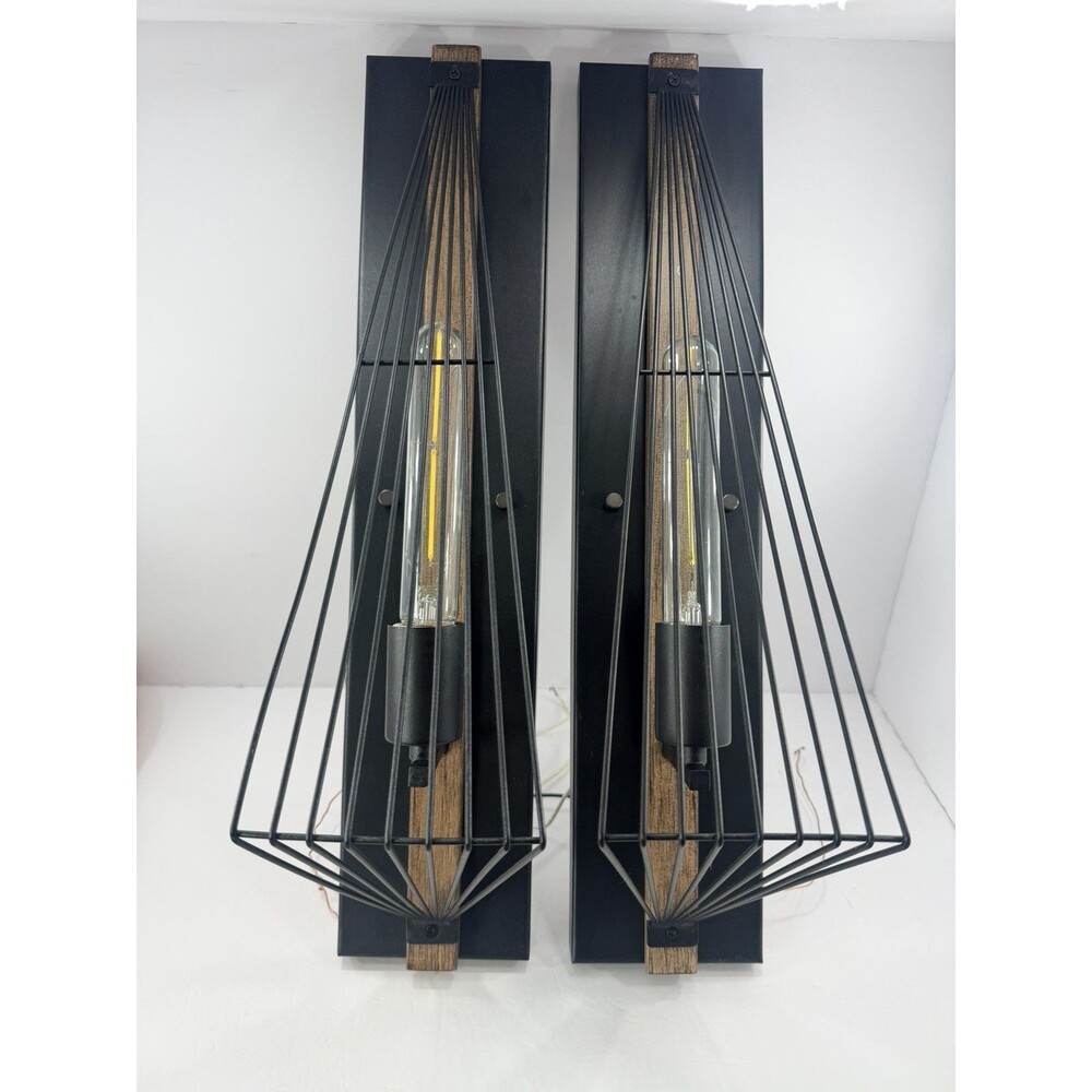 Vaxcel Dearborn Industrial Wall Sconces Set 2 Black Iron Wood Cage Edison Light
